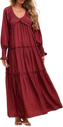 Women Summer Casual V Neck Long Sleeve Maxi Dresses 2025 Solid Ruffle Tiered Pleated Flowy Long Wedding Guest Dress in Saudi Arabia