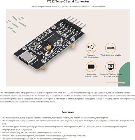 محول FT232RL USB إلى UART، لوحة محول تسلسلي من النوع C - ثابت 3.3 فولت/5 فولت TTL، التوصيل والتشغيل لنظام التشغيل Windows/Linux/MAC in Kuwait