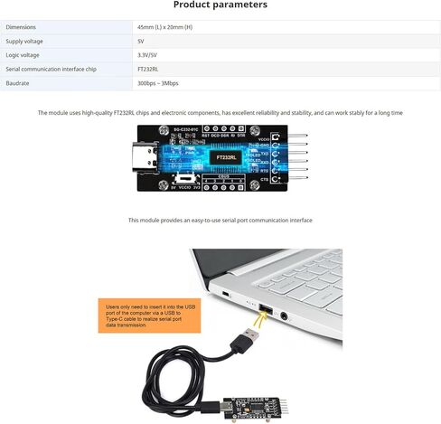 محول FT232RL USB إلى UART، لوحة محول تسلسلي من النوع C - ثابت 3.3 فولت/5 فولت TTL، التوصيل والتشغيل لنظام التشغيل Windows/Linux/MAC in Kuwait
