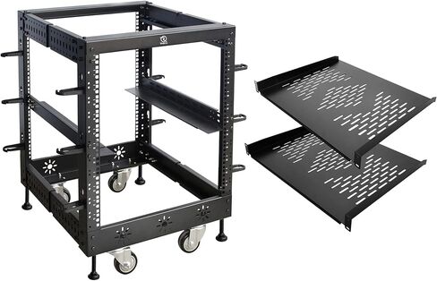 RIVECO 12U 19" Adjustable Depth Server Rack Floor Standing 4 Posts Construction with Load-Bearing Casters for Network Equipment +1U Rack Shelves 2PCS in Saudi Arabia