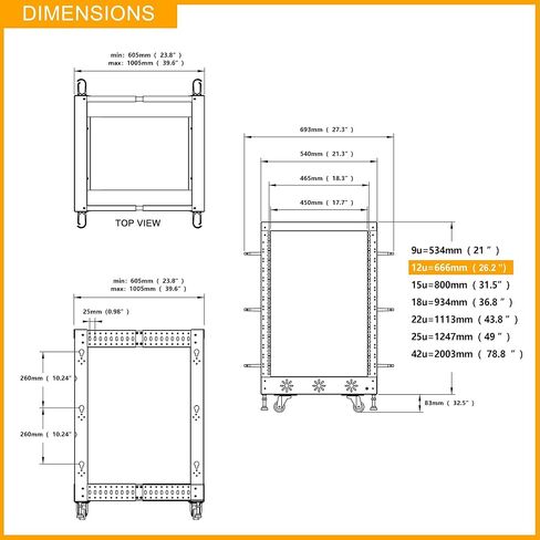 RIVECO 12U 19" Adjustable Depth Server Rack Floor Standing 4 Posts Construction with Load-Bearing Casters for Network Equipment +1U Rack Shelves 2PCS in Saudi Arabia