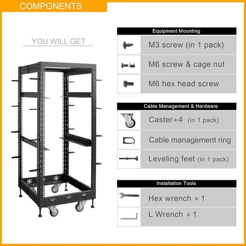 RIVECO 12U 19" Adjustable Depth Server Rack Floor Standing 4 Posts Construction with Load-Bearing Casters for Network Equipment +1U Rack Shelves 2PCS in Saudi Arabia