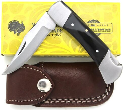 Wild Turkey Handmade Collection Folding Knife w/Leather Sheath Hunting Razor Sharp Blade in Kuwait