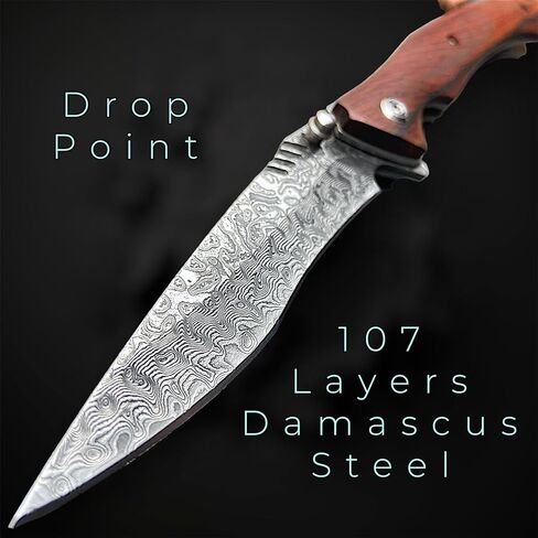 سكين جيب قابل للطي من الفولاذ الدمشقي EDC من TACTICAL GEARZ، مقبض من خشب الورد الطبيعي، 107 طبقات VG10 شفرة فولاذية دمشقية (Kanui XT) in Kuwait