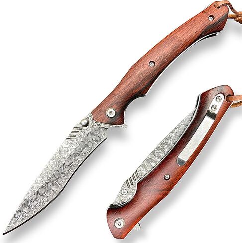 سكين جيب قابل للطي من الفولاذ الدمشقي EDC من TACTICAL GEARZ، مقبض من خشب الورد الطبيعي، 107 طبقات VG10 شفرة فولاذية دمشقية (Kanui XT) in Kuwait