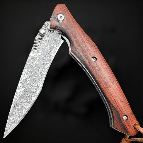 سكين جيب قابل للطي من الفولاذ الدمشقي EDC من TACTICAL GEARZ، مقبض من خشب الورد الطبيعي، 107 طبقات VG10 شفرة فولاذية دمشقية (Kanui XT) in Kuwait