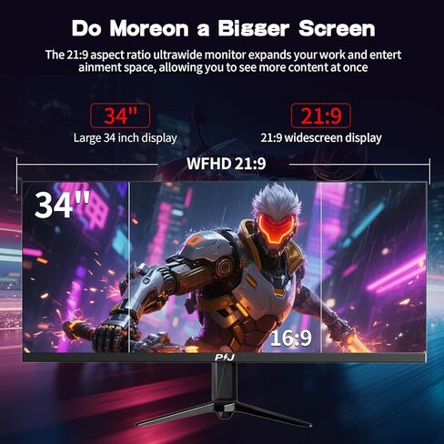 PIJ Gaming Monitor 34 inch IPS 165Hz, Ultrawide PC Screen 3440×1440P Ultra-Thin Zero Frame Computer Display for Home Office Business, DP, HDMI, Wall-Mounted, Black in Saudi Arabia