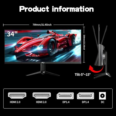 PIJ Gaming Monitor 34 inch IPS 165Hz, Ultrawide PC Screen 3440×1440P Ultra-Thin Zero Frame Computer Display for Home Office Business, DP, HDMI, Wall-Mounted, Black in Saudi Arabia