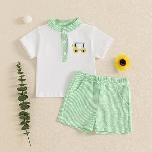 Toddler Baby Boys Summer Outfits Short Sleeve Embroidery T-shirt with Plaid Shorts Infant Summer Clothes Set in Saudi Arabia