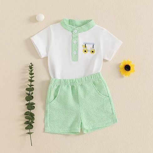 Toddler Baby Boys Summer Outfits Short Sleeve Embroidery T-shirt with Plaid Shorts Infant Summer Clothes Set in Saudi Arabia