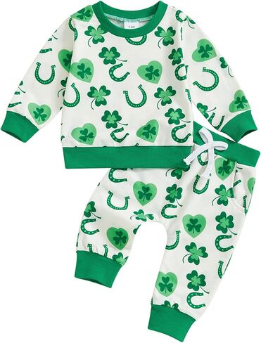 St Patricks Day Baby Boy Outfit Crewneck Sweatshirt Pants 2 Piece Set Toddler Shamrock Print Matching Suit Clothes in Saudi Arabia
