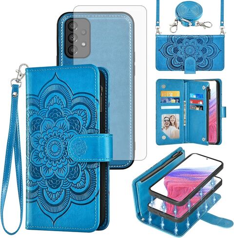 حافظة هاتف Asuwish لهاتف Samsung Galaxy A53 5G بسحاب محفظة بغطاء خلوي مع واقي شاشة من الزجاج المقسى وحزام حبل حول الجسم وحامل بطاقة زهرة ماندالا A 53 G5 53A SM A536U 6.5" 2022 نسائي بني in Kuwait