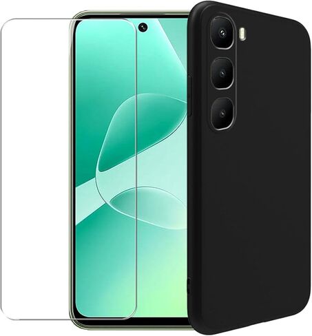 حافظة لهاتف Infinix Hot 60 Pro + واقي شاشة زجاجي مقسى - غطاء حماية من السيليكون الشفاف الناعم المرن المقاوم للصدمات من مادة TPU (أسود) in Kuwait