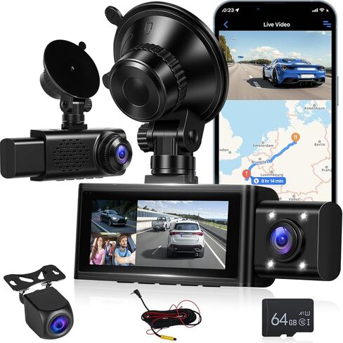 NHOPEEW 2.5K 3 Channel Dash Cam with WiFi & APP Control - 3.16 Inch Screen Triple Dash Camera Front Inside and Rear - G-Sensor/Loop Recording/Night Vision/GPS/Split Screen + 64GB Card in Saudi Arabia