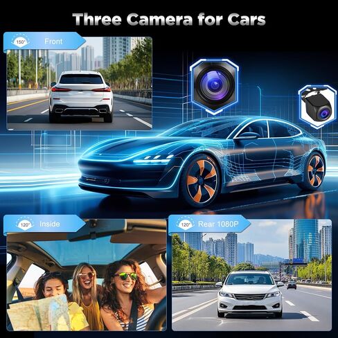 NHOPEEW 2.5K 3 Channel Dash Cam with WiFi & APP Control - 3.16 Inch Screen Triple Dash Camera Front Inside and Rear - G-Sensor/Loop Recording/Night Vision/GPS/Split Screen + 64GB Card in Saudi Arabia