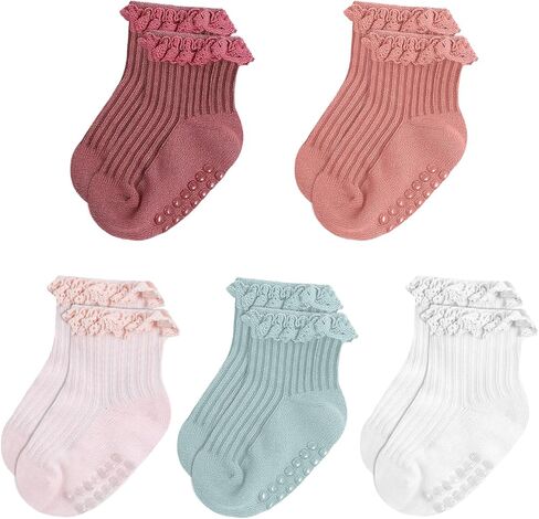 5 Pairs Baby Girl Ruffle Socks, Non Slip Grip Socks - Cotton Infant Ankle Sock for 0-12 Months Newborn Toddlers (White, Pink, Peach, Purgundy, Green) in Saudi Arabia