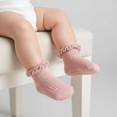 5 Pairs Baby Girl Ruffle Socks, Non Slip Grip Socks - Cotton Infant Ankle Sock for 0-12 Months Newborn Toddlers (White, Pink, Peach, Purgundy, Green) in Saudi Arabia