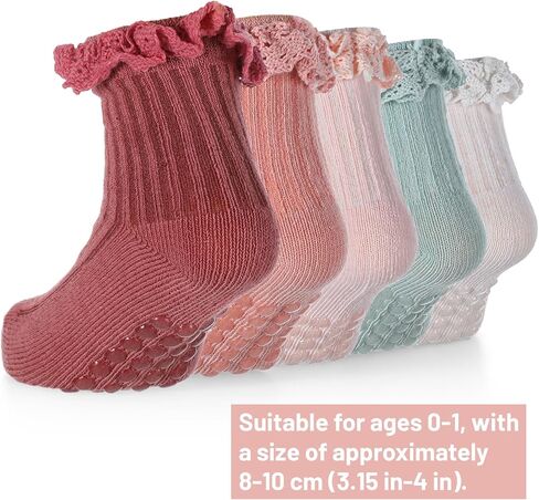 5 Pairs Baby Girl Ruffle Socks, Non Slip Grip Socks - Cotton Infant Ankle Sock for 0-12 Months Newborn Toddlers (White, Pink, Peach, Purgundy, Green) in Saudi Arabia