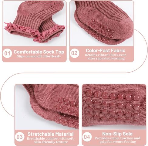5 Pairs Baby Girl Ruffle Socks, Non Slip Grip Socks - Cotton Infant Ankle Sock for 0-12 Months Newborn Toddlers (White, Pink, Peach, Purgundy, Green) in Saudi Arabia