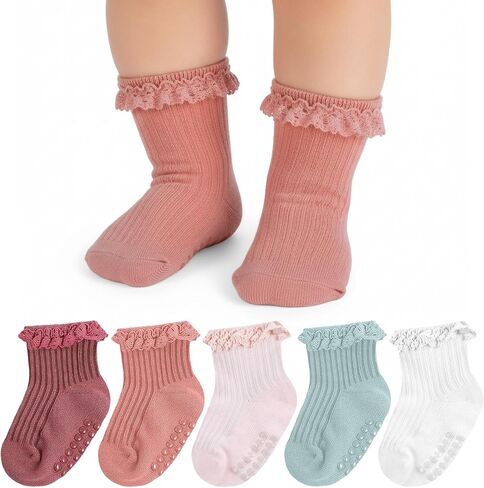 5 Pairs Baby Girl Ruffle Socks, Non Slip Grip Socks - Cotton Infant Ankle Sock for 0-12 Months Newborn Toddlers (White, Pink, Peach, Purgundy, Green) in Saudi Arabia