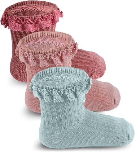 5 Pairs Baby Girl Ruffle Socks, Non Slip Grip Socks - Cotton Infant Ankle Sock for 0-12 Months Newborn Toddlers (White, Pink, Peach, Purgundy, Green) in Saudi Arabia
