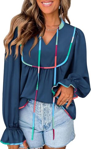 بلوزة بيبي دول من LOOKBOHO للنساء بأكمام طويلة ورقبة على شكل حرف V، قمصان بيبلوم لطيفة، بلوزة كاجوال بربطة أمامية فضفاضة مقاس L أسود in Kuwait