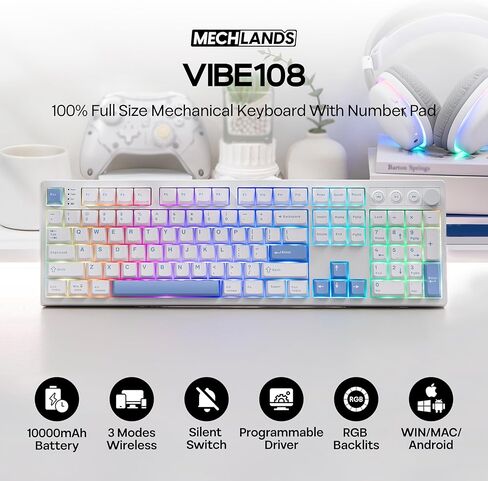 MechLands Vibe108 Full Size Mechanical Keyboard with Knob & Multimedia Buttons, Wireless Gaming Keyboard with 10000mAh Battery, RGB Backlits, 104 Keys Hot Swappable, Custom Driver (Vela Silent Switch) in Saudi Arabia