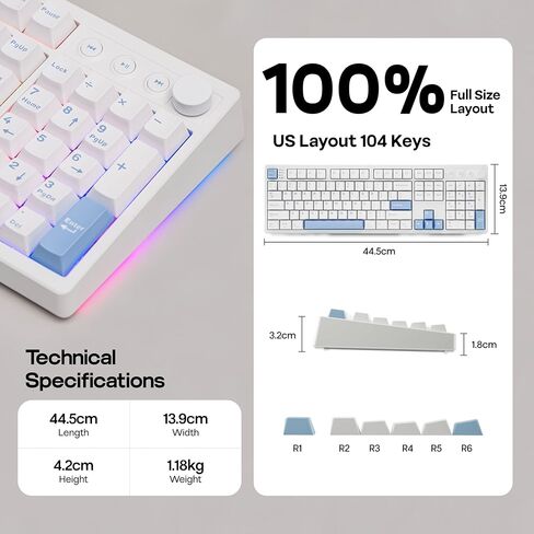 MechLands Vibe108 Full Size Mechanical Keyboard with Knob & Multimedia Buttons, Wireless Gaming Keyboard with 10000mAh Battery, RGB Backlits, 104 Keys Hot Swappable, Custom Driver (Vela Silent Switch) in Saudi Arabia