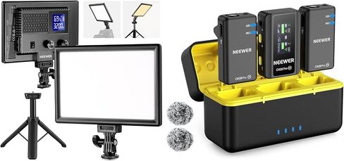 NEEWER NL-116AI لوحة إضاءة فيديو LED مقاس 9 بوصات مع حامل ثلاثي القوائم للمكتب + ميكروفون لاسلكي CM28 PRO لأجهزة iPhone iPad Android وكاميرا الكمبيوتر الشخصي، 3200~5600K تصوير فوتوغرافي وتسجيل فيديو وإضاءة متدفقة in Saudi Arabia