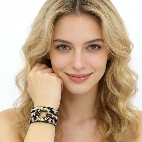 Leopard Earrings Bracelets Jewelry Sets for Women Boho Vintage Leopard Round Hoop Earrings Leather Wrap Bracelet Cheetah Jewelry in Saudi Arabia