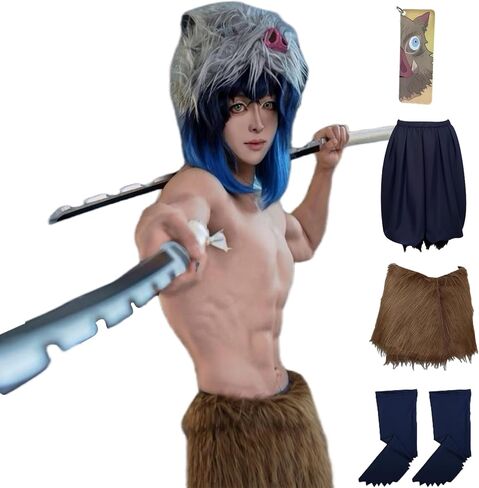 مجموعة كاملة من أزياء Hashibira Inosuke التأثيرية أزياء Inosuke مقاس كبير زي كيمونو أنيمي من الفرو للهالوين in Kuwait