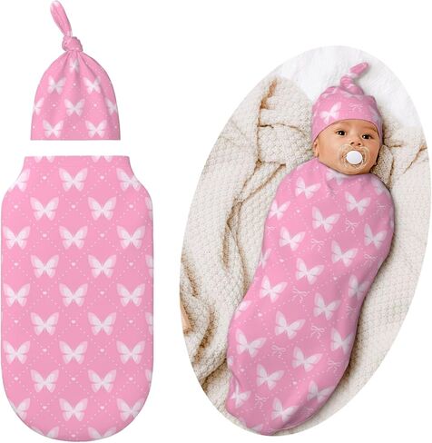 Pink Butterfly Swaddle Blankets Newborn Receiving Blanket Baby Swaddle Wrap with Hat, Butterfly Sleeping Clothes for Baby Girls in Saudi Arabia