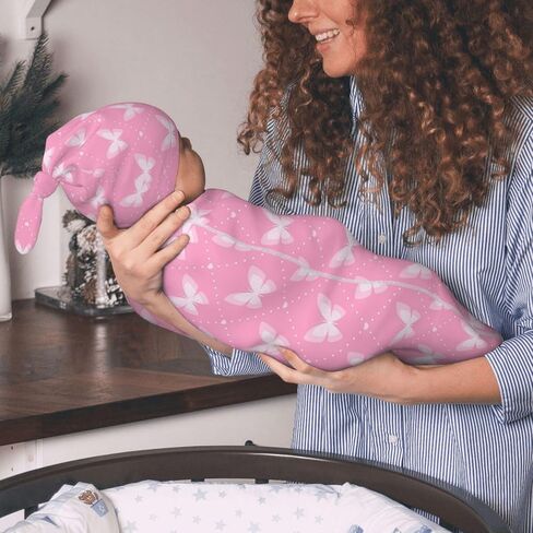 Pink Butterfly Swaddle Blankets Newborn Receiving Blanket Baby Swaddle Wrap with Hat, Butterfly Sleeping Clothes for Baby Girls in Saudi Arabia