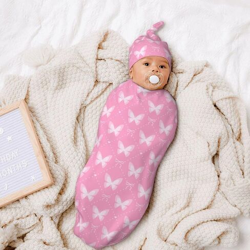 Pink Butterfly Swaddle Blankets Newborn Receiving Blanket Baby Swaddle Wrap with Hat, Butterfly Sleeping Clothes for Baby Girls in Saudi Arabia