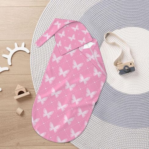 Pink Butterfly Swaddle Blankets Newborn Receiving Blanket Baby Swaddle Wrap with Hat, Butterfly Sleeping Clothes for Baby Girls in Saudi Arabia