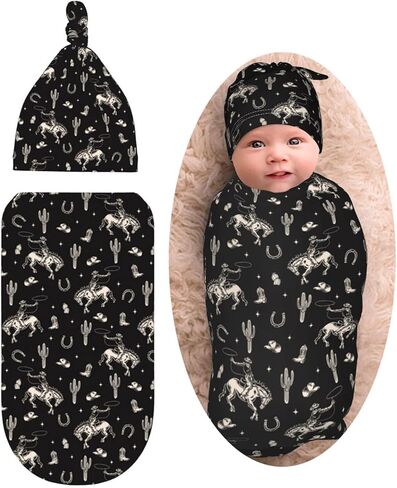 رعاة البقر الغربية الصبار الحصان الطفل الاشياء الوليد الطفل قماط بطانية مع قبعة صغيرة، قماط بطانية هدايا للاستحمام الرضع بنين بنات in Kuwait