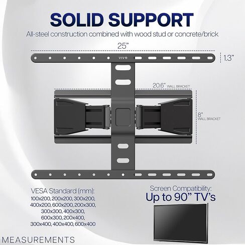 VIVO Telescoping TV Wall Mount, Fits up to 90 inch Screens, Holds 50 lbs, Adjustable Low Profile VESA Bracket, Black, MOUNT-TVUS90 in Saudi Arabia