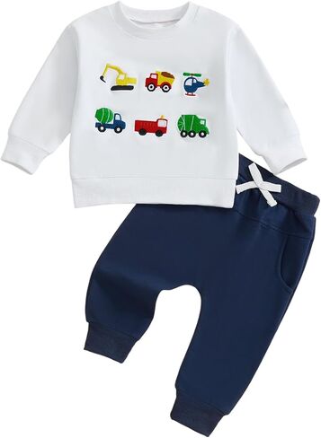Toddler Baby Boy Fall Outfit Embroidery Vehicles Pullover Sweatshirt Tops + Jogger Sweatpants Kids Winter Clothes in Saudi Arabia