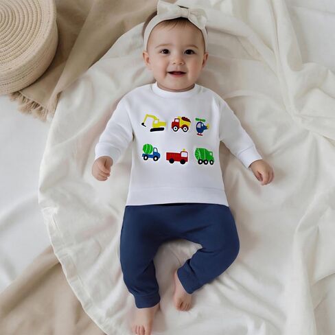 Toddler Baby Boy Fall Outfit Embroidery Vehicles Pullover Sweatshirt Tops + Jogger Sweatpants Kids Winter Clothes in Saudi Arabia