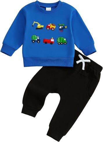 Toddler Baby Boy Fall Outfit Embroidery Vehicles Pullover Sweatshirt Tops + Jogger Sweatpants Kids Winter Clothes in Saudi Arabia