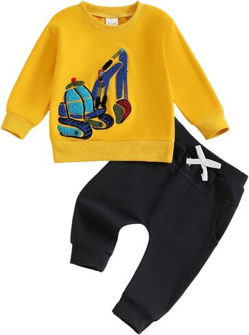 Toddler Baby Boy Fall Outfit Embroidery Vehicles Pullover Sweatshirt Tops + Jogger Sweatpants Kids Winter Clothes in Saudi Arabia