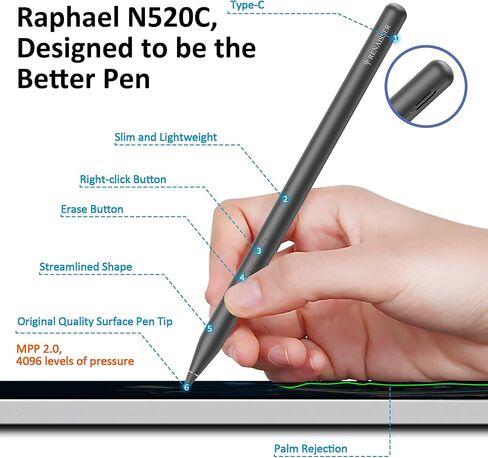 RENAISSER Microsoft Surface Pen, Raphael N520C Stylus from Taiwan, Match Surface Pro12 & 11 & 10 & 9 & 8 & 7 /Book/Studio/Go, 4096 Pressure & Tilt Sensitivity(MPP2.0), Super Lightweight, No Magnetic in Kuwait