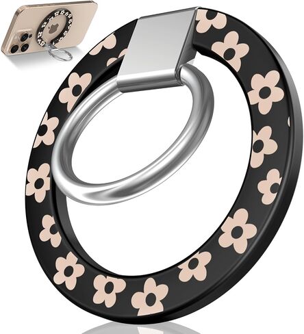 Toycamp Phone Grip Ring Holder Compatible with MagSafe - Magnetic Phone Grip Stand Women Cute Painting Removable Rotatable Magnet Accessories for iPhone 17 Pro Max/16/15/14/13/12 Series, Black Flower in Saudi Arabia
