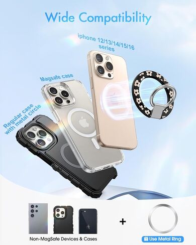 Toycamp Phone Grip Ring Holder Compatible with MagSafe - Magnetic Phone Grip Stand Women Cute Painting Removable Rotatable Magnet Accessories for iPhone 17 Pro Max/16/15/14/13/12 Series, Black Flower in Saudi Arabia