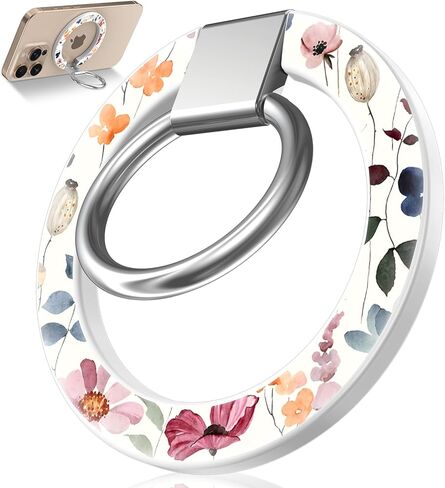 Toycamp Phone Grip Ring Holder Compatible with MagSafe - Magnetic Phone Grip Stand Women Cute Painting Removable Rotatable Magnet Accessories for iPhone 17 Pro Max/16/15/14/13/12 Series, Black Flower in Saudi Arabia