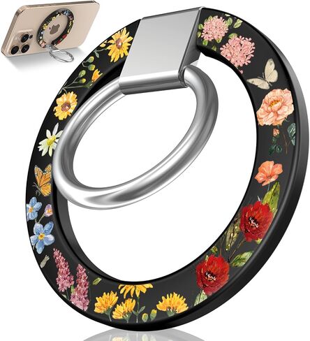 Toycamp Phone Grip Ring Holder Compatible with MagSafe - Magnetic Phone Grip Stand Women Cute Painting Removable Rotatable Magnet Accessories for iPhone 17 Pro Max/16/15/14/13/12 Series, Black Flower in Saudi Arabia