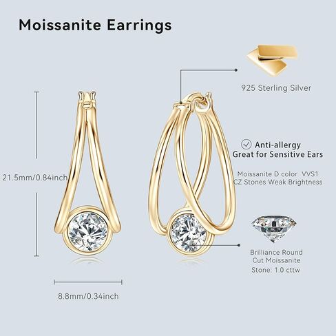 Moissanite Solitaire Hoop Huggie Earrings for Women S925 Sterling Silver D Color VVS1 Round Cut Moissanite Hypoallergenic Jewelry Birthday Mother's Day Gifts in Kuwait