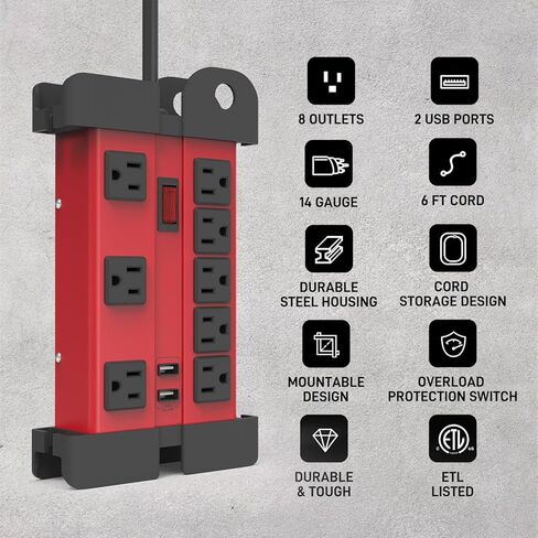 شريط طاقة مع 8 منافذ + 3 منافذ محول واسعة 2 USB - غلاف فولاذي، سلك 6FT 14AWG، حماية من التحميل الزائد 1875 وات، إيقاف تلقائي/إعادة ضبط، تخزين السلك وقابل للتركيب، مثالي لمختبر مرآب ورشة عمل الاستوديو in Kuwait