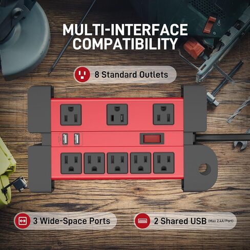 شريط طاقة مع 8 منافذ + 3 منافذ محول واسعة 2 USB - غلاف فولاذي، سلك 6FT 14AWG، حماية من التحميل الزائد 1875 وات، إيقاف تلقائي/إعادة ضبط، تخزين السلك وقابل للتركيب، مثالي لمختبر مرآب ورشة عمل الاستوديو in Kuwait