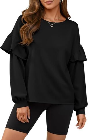 Fisoew Womens Crewneck Sweatshirts Fall Casual Ruffle Long Sleeve Roll Hem Loose Cropped Pullover Tops in Saudi Arabia